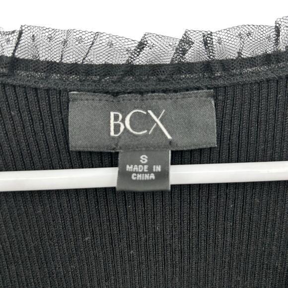 NEW BCX Black Mesh Clip Dot Top Size Small Long Sleeve Ruffle Polka Dot Ribbed - Picture 8 of 10